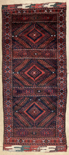 Beautiful 19th century Baluch long rug.  Complete and in full pile with great wool and colors.  Size: 48 x 105 inches.  Very good example with unusual flatwoven tapestry designed  ...