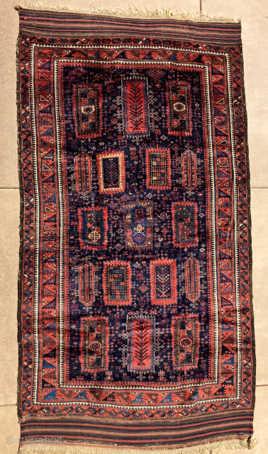 Excellent 19th century Baluch Yakub Khani Main Carpet. Great colors! All natural dyes. Full, silky pile throughout. Complete with sides and ends intact. Beautiful deep indigo field with lots of camel hair  ...