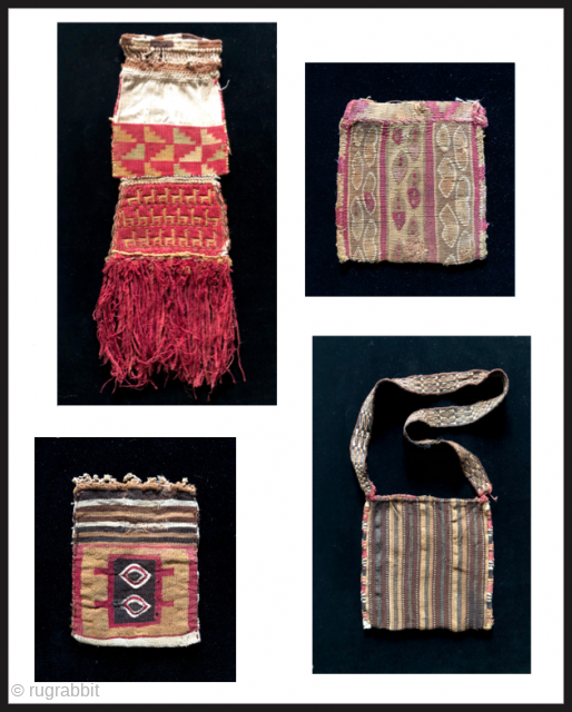 Collection of rare Incan bags.  A.D. 1400 - 1532.  Tapestry woven, mixed technique and warp-faced weavings.               