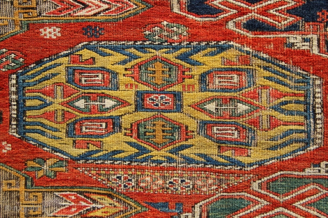 Richly coloured, with natural dyes, 19th century Caucasian Sumac rug. 193 x 268cm / 6'4" x 8'10"
Worn but no holes, sides reduced.           