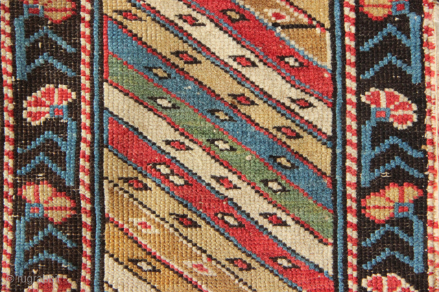 Beautiful antique Shirvan rug with colourful striped border. Very unusual!
3'6" x 3'11" / 106 x 119cm
Please contact me directly at jamescohen50@hotmail.com            