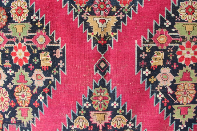 19th century Karabagh Kelleh with cochineal ground colour and marvelously abrashed light blue border. 7' x 20'6" In low pile with minor areas of repiling. Beautiful carpet!      