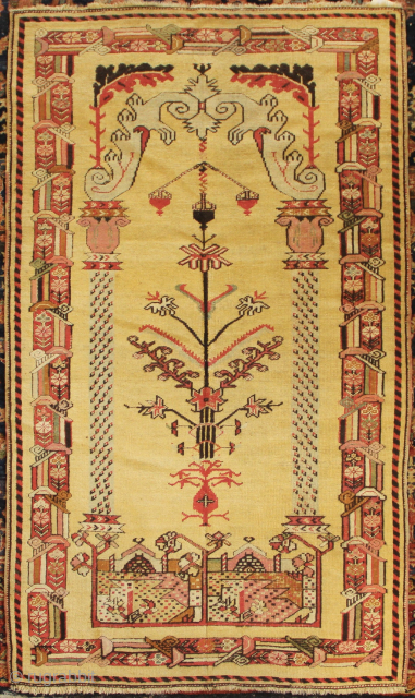 19th century Kirsehir prayer rug in good condition. Much of the dark brown/black which has corroded away has been rather over zealously repiled otherwise good condition. Original ends and sides. 112 x  ...