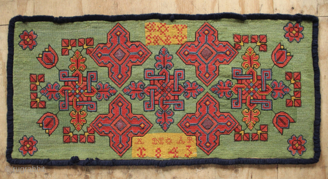 Vibrantly coloured Swedish cross-stitch pillow cover, dated 1843. 3'9" x 1'9" / 114 x 53cm                  