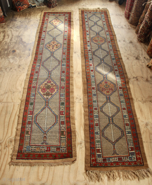 Near pair of narrow antique Sarab runners in perfect condition. woollen foundation and pile. 89 x 444cm / 2'11" x 14'7" and 91 x 420cm / 3'0" x 13'9"    