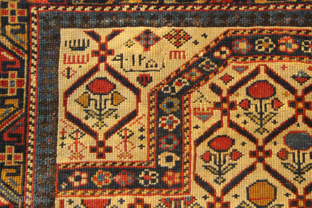 Fine, dated, Shirvan prayer rug 2'8" x 4'6" / 89 x 146cm in good pile, with fairly extensive home spun flatstitch that is not visible from the front. A lovely, older example  ...