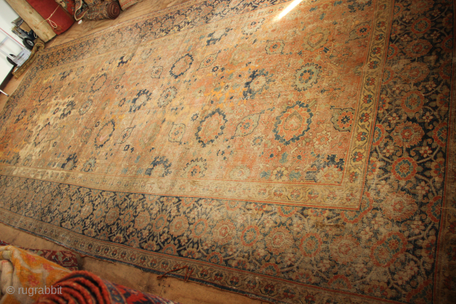 Early 19th century Khorrasan kelleh carpet. Front side worn and faded, backside beautiful, rich colours. More photos available on request. 251 x 564cm / 8'3" x 18'6"      