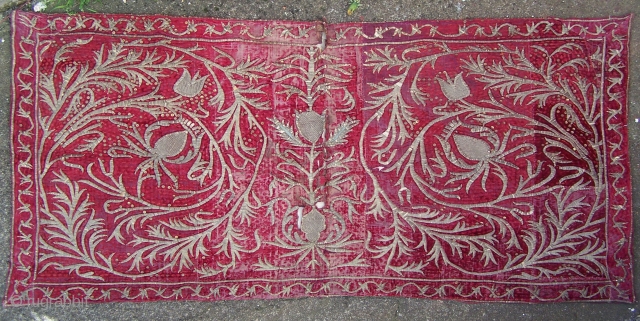 17th.century Ottoman velvet panel, with embroidered silver-thread decoration, numerous later sequins added (sequins sewn with slightly orange-pink thread which can be removed without much trouble) some cracking to fabric especially in vertical  ...