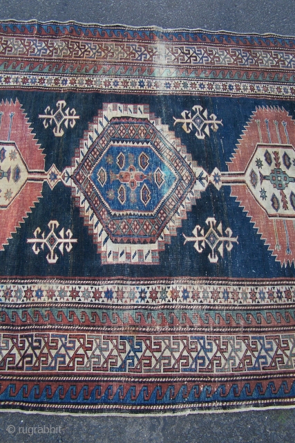 Shirvan rug, natural colours but chemically washed, general wear + band of wear (floorboard) down to foundation across centre, sides and ends are presentable, 183 x 150cm      