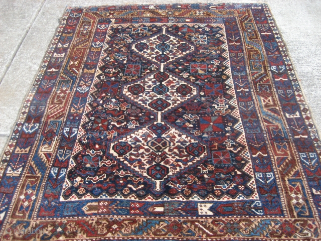 Kamseh rug 4' 11" x 6' 0" in full pile condition with nice color. Blanket-like handle. 

Possibly some other South Persian variety, but I'll stick with Shiraz to be on the conservative  ...