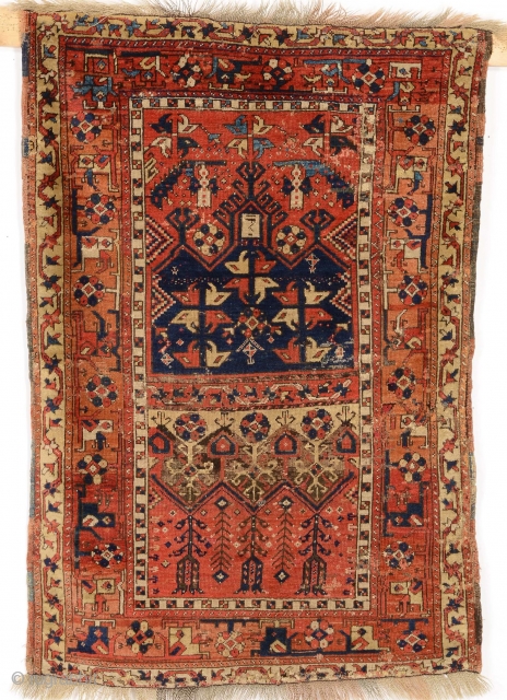 ANTIQUE LADIK ? KOZAK? 1854

dated 1854 (date  inscribed in a niche 1271-1854) 160 x 110 cm natural colors  in shades of red, orange and pink,Three mihrabs, abrash.
The carpet has undergone  ...