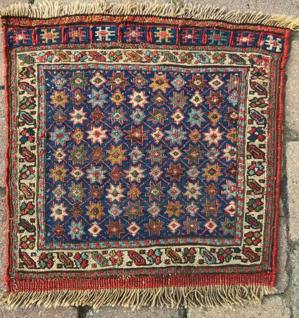 Shahsavan Khamseh bag face. 15inx15in. 19th cent. Excellent condition. Two small nicks in white border in the top left and right corners that have been stabilized (see picts). Excellent colors and drawing.  ...