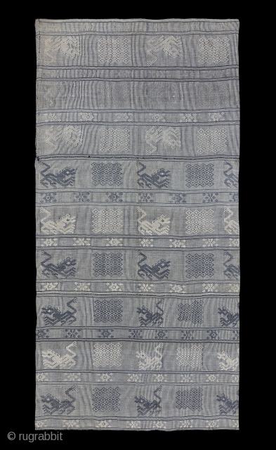 TE02183

1970s Lao Pahitang, woman's skirt, white cotton with light blue supplementary warp patterns. Natural dyes, Sumba people, Kanatang,  Northeast Sumba, Indonesia. www.facebook.com/samyamaco

145 x 73(x2) cm       