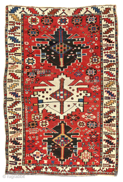 Antique 19th century Shirvan or Shahsavan non-niche prayer rug, 102 x 147 cm. A rare instance of a knotted pile weaving with so-called "Racing Car" motifs usually seen in Kuba kilims. Resplendent  ...