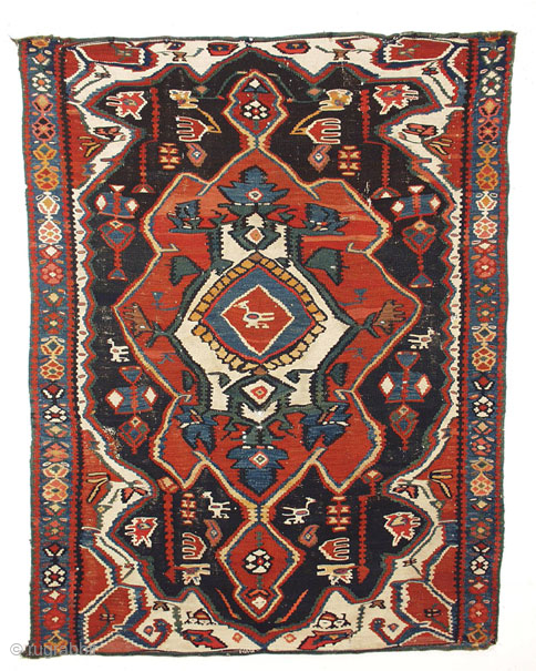 Bijar kelim, 45 x 58 inches, 114 x 147 cm. This 19th century piece is an authentic NW Persian Kurdistan village or nomad weaving, all wool, earlier and coarser than the cotton-warped  ...