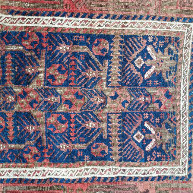 Antique Baluch, unusual Tree & Garden design, 36 x 64 inches. Slight losses at sides. Corroded browns. Recently hand-washed.  USD 550.- johnbatki@gmail.com          