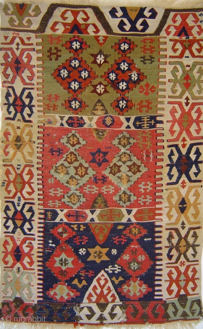 Petite Central Anatolian 3-compartment kelim, wool with white cotton highlights. Possibly 18th century.                    