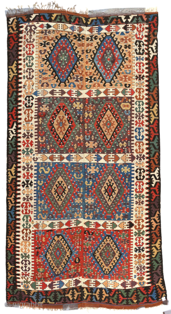 Antique 19th century Central Anatolian long kelim, 163 x 312 cm. In very good condition; skillfully reduced (cut and shut) at top end of the field.  USD 1,750.- plus shipping. Please  ...