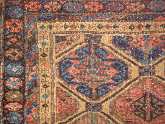 Baluch Gul Lattice Rug, symmetrical knots, possibly Bahluli, 33 x 61 inches.  Late 19th century.  These photos cannot convey the variety of vivid colors including a deep Aubergine (the lattice,  ...