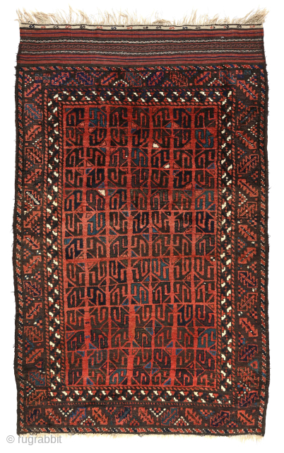 Unique small Baluch main carpet with Archaic Guls and reciprocal figure-ground reversal effect. 123 x 213 cm. please inquire directly at johnbatki@gmail.com           