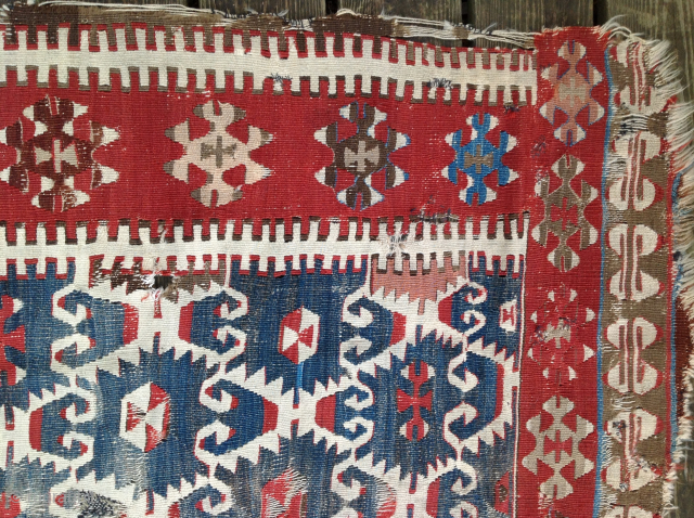 Anatolian Kilim Bonanza: Early and tired Obruk Elibelinde kilim fragment seeking rest,and stabilization, 114 x 234 cm. One of the oldest of this type. Sourced from Lawrence Kearney in 1980s. Professionally washed  ...