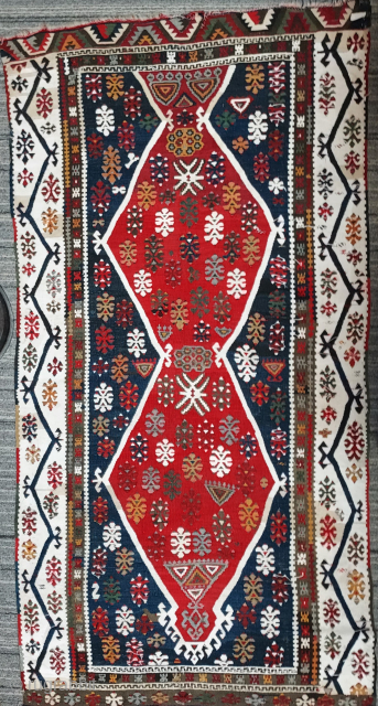 Fine tightly woven South East Anatolian kilim, 3'7" x 7', first half 20th century. Fine tight weave, wool warp and weft with brilliant white cotton areas. In excellent condition. -- Deep purple  ...