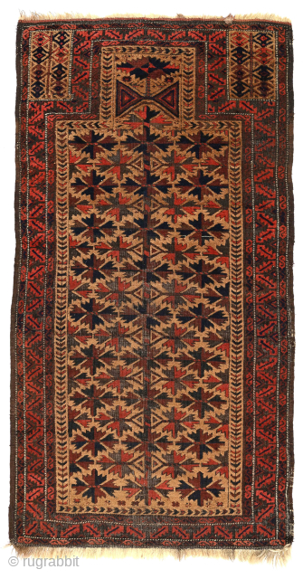 Baluch Bonannza #1: Classic antique Baluch Tree on Camel Field prayer rug, 89 x 163 cm / 35 x 64 inches. In very good condition. USD 1325.- includes shipping in the U.S.  ...