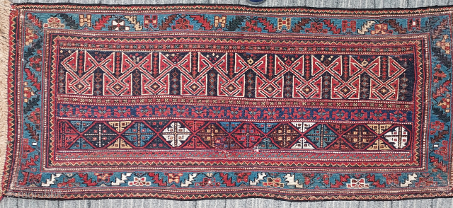 Antique Afshar or Lori Bakhtiari Persian tribal panel, 5'3" x 2'2", wool and cotton extra weft pattern on foundation of white cotton warp and mulberry wool weft, with unusual camel hair braided  ...