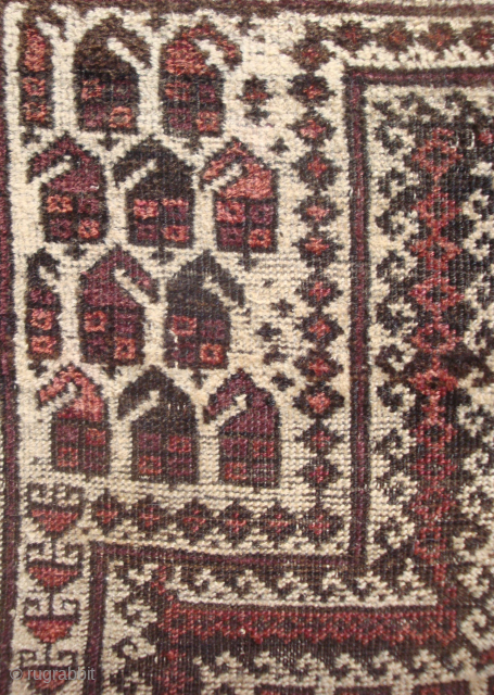 Antique Baluch prayer rug, 213 Botehs on Ivory. 36 x 51 inches. USD 1,350.- Please inspect my other antique Baluch rugs posted on RR and email johnbatki@gmail.com      