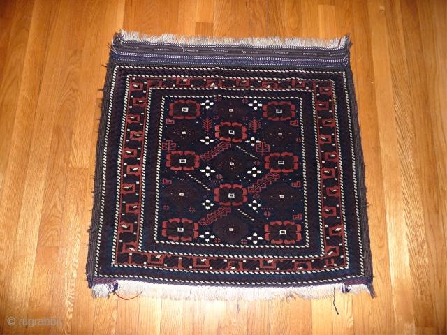 Baluch Bagface
1900 or earlier
2ft 7inx 2ft 5ins
Full piled and mint condition
Frosty wool--rich colors                    