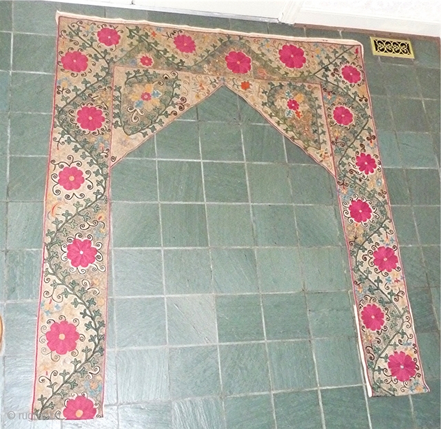 Uzbek Tent door Surround
19th Century
8ft 3ins x 5ft 8ins
Pristine Condition
    Fine to very fine silk and metallic thread chain stitching (several types) in this unique textile.
     ...