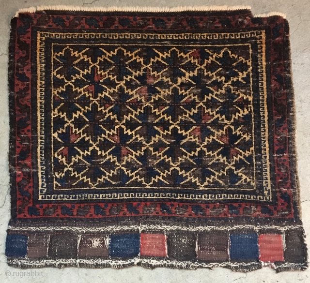 Baluch bagface, late 19th c., 2' x 2'3", beautiful golds.                       