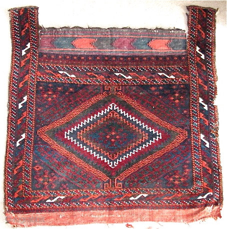 Sistan Baluch Bagface, ( Khorjin ) Vibrant vegetal color including blues and greens with characteristically glossy wool and floppy handle. In good condition with traces of the red kilim back at the  ...