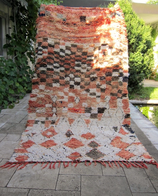 Moroccan Boujad,length 280cm plus 10cm fringe, width varying between 150 and 158cm.
Pile is formerly red, faded to lovely terracotta, white and black and natural brown wool. Repaired with whatever boucherouite material was  ...