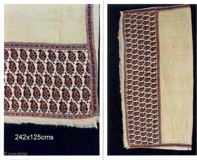 A mughal shawl in good condition but with restoration by pigment on motifs.

Period: 19th C.
Size: 242 X 125 cms              