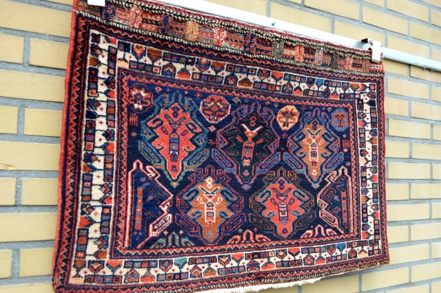 Very Colorful Antique Afshar Bagface good pile and good wool.
one litle mothbite rest in very good condition,
Just for afshar lovers. Size 85 x 85 centimeters,        