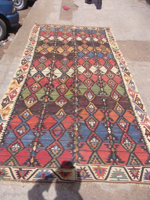 Large Beautiful Antique Anatolian Kilim,very fine weave and good colours,with birds border,very good condition.Size 12'7"*5'4".Handwashed Ready for the display.              