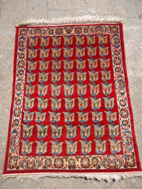 Isfahan Mat with beautiful colors and unusual design , very fine weave and perfect condition.Without any repair or work done.Size 2'9"*2'3".E.mail for more info.         