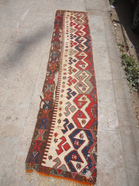 Anatolian Kilim Fragment with great colors,good age and very fine weave.Size 8'11"*2ft.E.mail for more info.                  