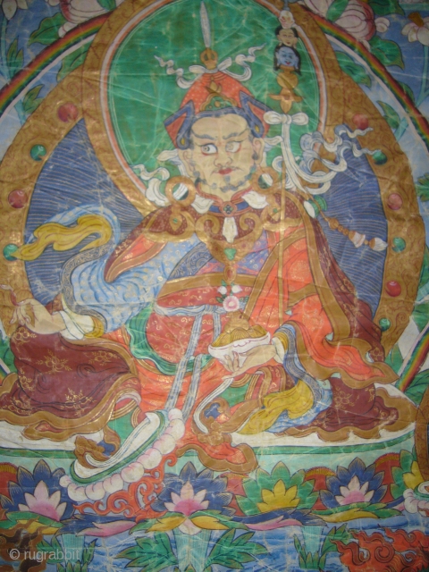 Tibetan oil painting on canvas,beautiful colours and nice work,Beautiful pce of art,fine condition.Size of canvas 2'6"*1'9",all over size 4'3"*2'9".E.mail for more info.           