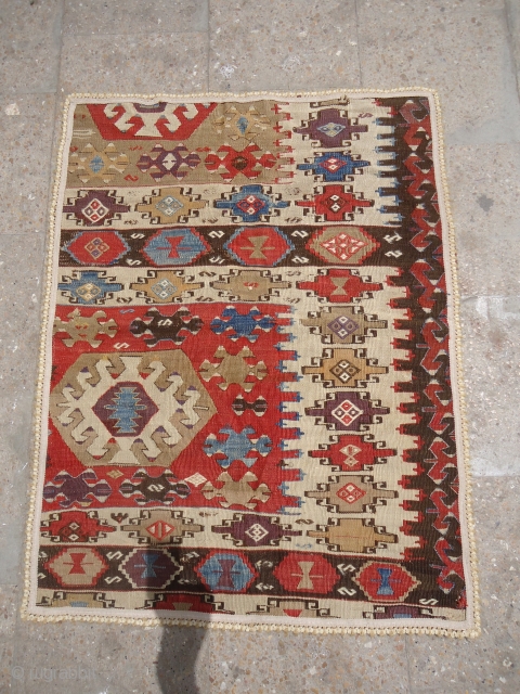 Beautiful Anatolian Kilim Fragmaent with good colors and desigen,fine weave,Size  3'1"*2'5".E.mail for more info and pics.                