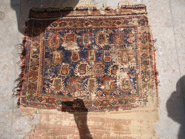 Early Afshar Bagface with good colors and age,very nice desigen,very fine weave,original Kilim Backing,As found.E.mail for more info.               