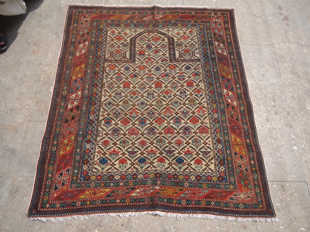 What can be more fine than this ?.Ivory ground shirvan prayer rug exceptional fine weave,beautiful good colors and nice design,Good condition,old repair done.E.mail for more info.       