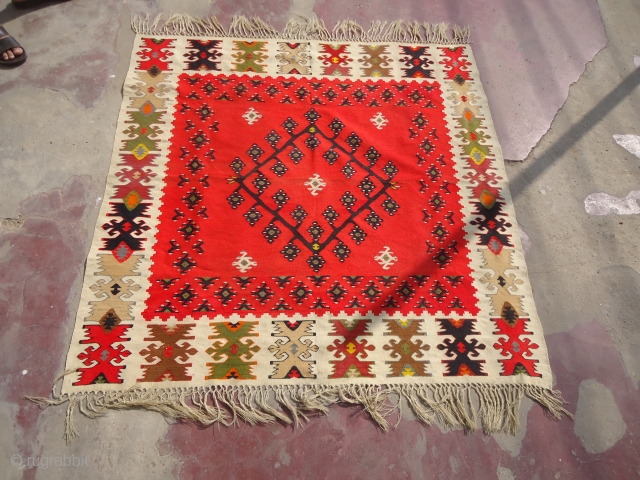 Saroky Kilim with rare size and very fine weave,the best colors,excellent condition.the best colors,very nice design.Size 4'6"*4'6".100% wool on wool.E.mail for more info.          