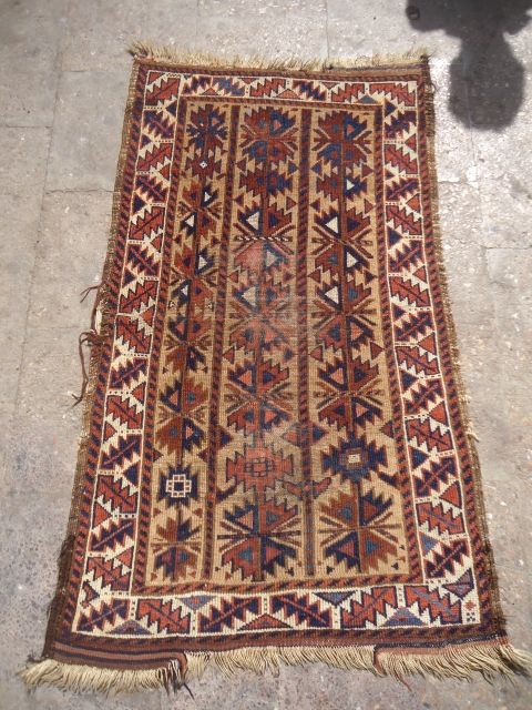 Blauch Rug with bold desigen good colors and age,Beautiful ivory border,As found without any repair or work done.Size 3'11"*2'3".E.mail for more info.           