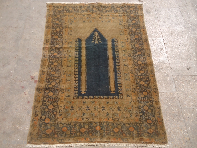 Pabderma Ghiordes-style Prayer Rug with nice colors and beautiful design,extra fine weave and good age,old repairs done.Size 5'2"*3'8".E.mail for more info and pics.          