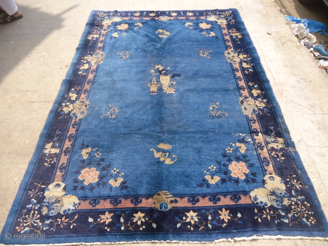 Chinese Peking Rug with beautiful dark blue field,good age and colors,As found condition.E.mail for more info and pics.               