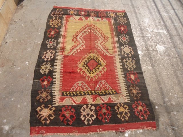 Early Anatolian Prayer Kilim with bold design and unusual large size,very nice design, dome synthetic colors,as found all original,nice weave and good age.E.mail for more info and pics.     