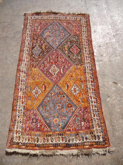 Handsome Qashqai Dowrey Rug with very fine weave and excellent condition,All original without any repair or work done,See the dowry things loaded on the camels,with the girls dancing,nice colors with some early  ...