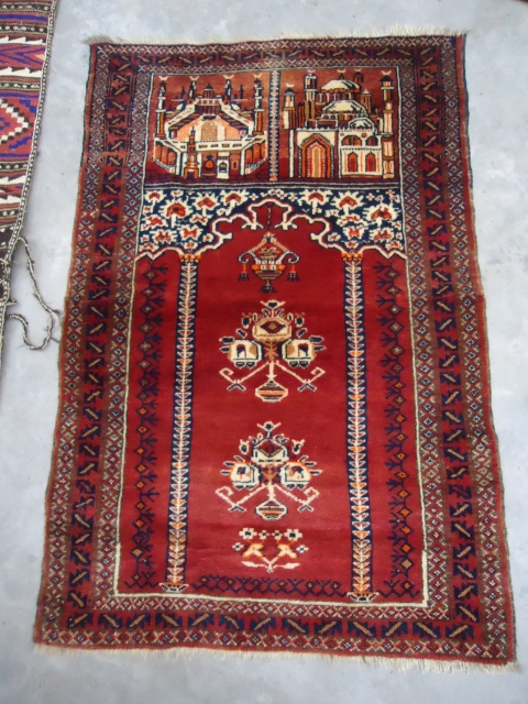 Gorgeous and Handsome Baluch Prayer Rug with perfect condition and no repairs,beautiful design.Shiny soft wool.Excellent pce.Size 3'8"*2'6".E.mail for more info.             